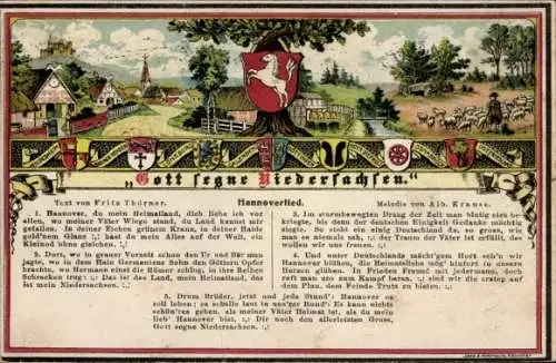 Ak Hannover, Hannoverlied, Hannover, du mein Heimatland, Haidschnucken, Wappen