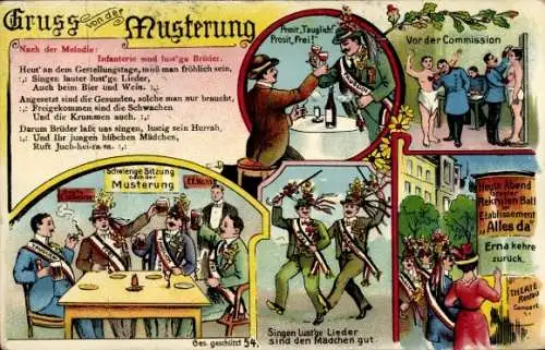 Ak Musterung, Rekruten, Lied Infanterie sind lustige Brüder