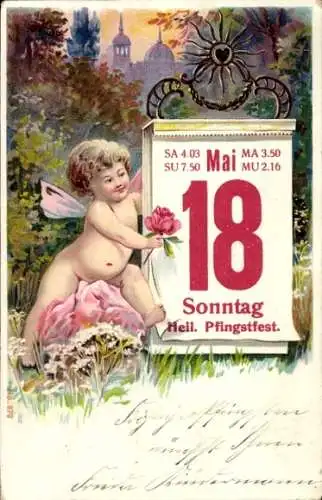 Litho Glückwunsch Pfingsten, Fee an einem Kalender, 18. Mai, Sonntag, Pfingstfest