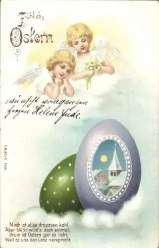 Litho Glückwunsch Ostern, Engel, Ostereier, Noch ist alles draußen kahl...