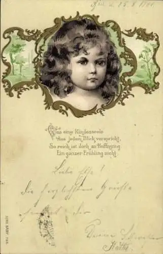 Litho Mädchengesicht, Portrait, Gedicht