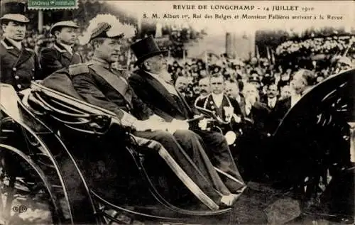 Ak Revue de Longchamp, 14. Juli 1910, König Albert von Belgien, Monsieur Fallieres