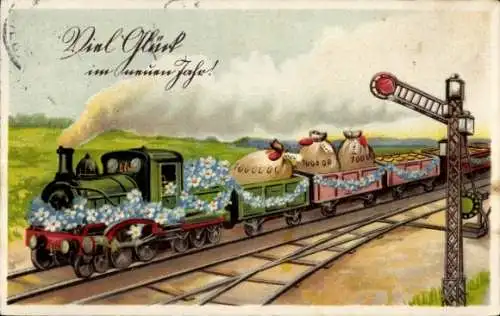 Präge Ak Glückwunsch Neujahr, Dampflok, Eisenbahnsignale, Geldsäcke, Blumen 