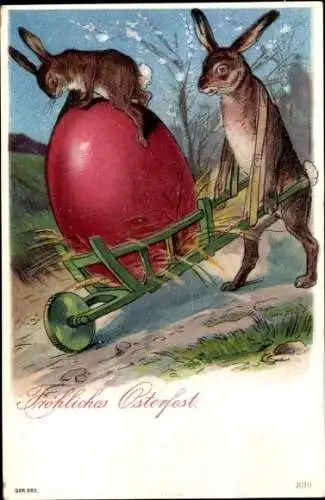 Ak Frohe Ostern, Osterhase mit Schubkarre, Osterei