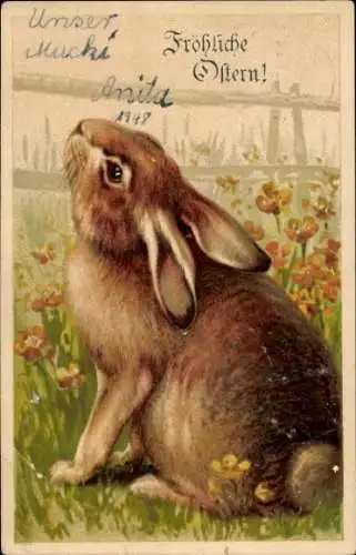 Ak Glückwunsch Ostern, Hase sitzt in einer Blumenwiese