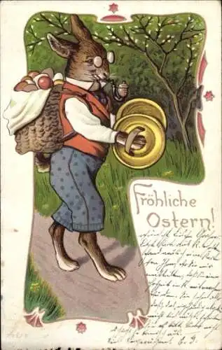 Ak Frohe Ostern, Osterhase mit Pfeife, Becken, Ostereier