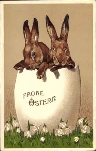 Ak Frohe Ostern, Zwei Hasen in Eierschale