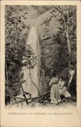 Ak Gimel les Cascades Corrèze,  La Gouttatiere, drei Frauen stehen vor einem Wasserfall