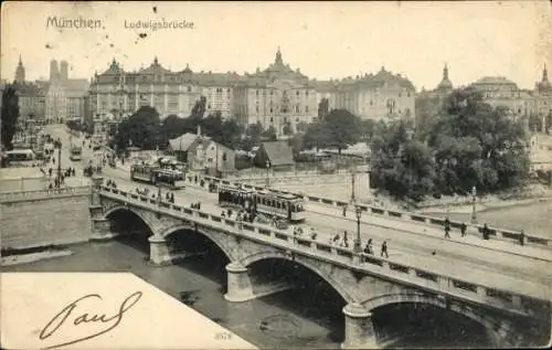 Ak München, Ludwigsbrücke, Straßenbahnen