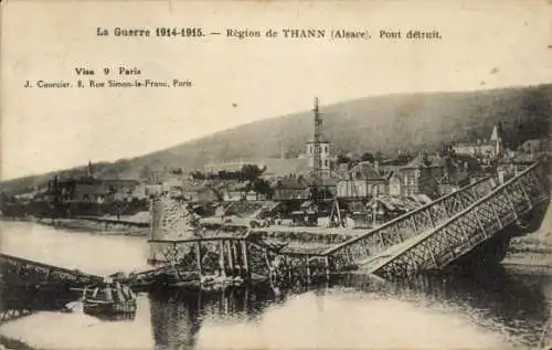 Ak Thann Elsass Haut Rhin, zerstörte Brücke, Krieg 1914-1915