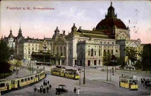 Ak Frankfurt am Main, Schauspielhaus, Straßenbahnen