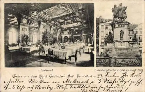 Ak Frankfurt am Main, Hotel Englischer Hof, Speisesaal, Gutenberg-Denkmal