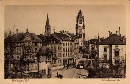 Ak Freiburg im Breisgau, Schwabenstraße mit Straßenbahn, Schwabentor