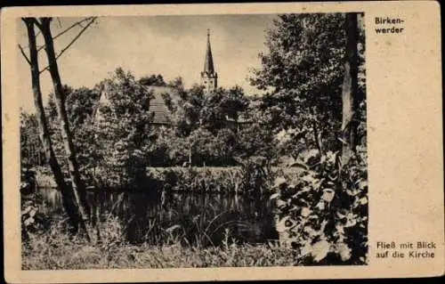 Ak Birkenwerder b. Berlin, Fließ mit Blick a.d. Kirche