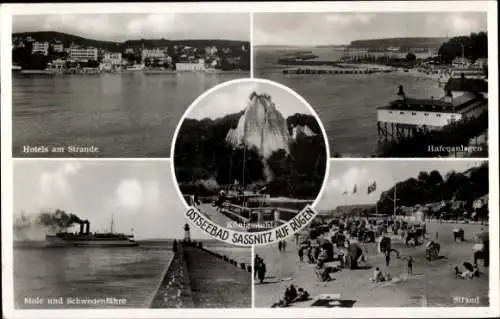 Ak Sassnitz auf Rügen, Hotels am Strand, Hafenanlagen, Königsstuhl, Mole, Schwedenfähre