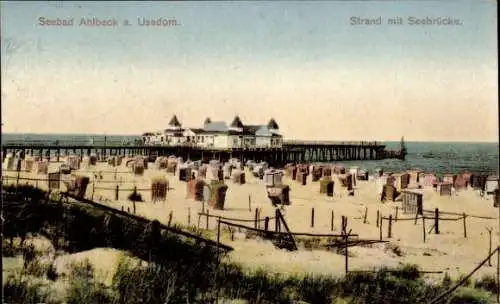 Ak Ostseebad Ahlbeck Heringsdorf Usedom, Strand mit Seebrücke