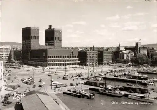 Ak Oslo Norwegen, Rathaus, Hafen