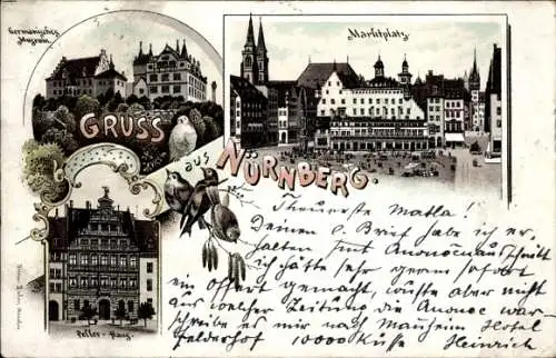 Litho Nürnberg in Mittelfranken, Germanisches Museum, Marktplatz, Pellerhaus