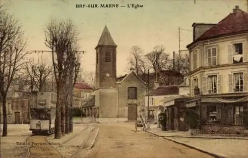 CPA Bry sur Marne Val de Marne, Église, tram