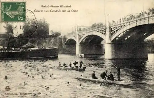 Ak Saint Ouen Seine Saint Denis, Boote auf der Seine, Brücke