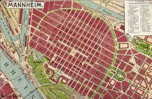 Stadtplan Ak Mannheim in Baden, Totalansicht, Schlossgarten, Rhein, Neckar, Hafen