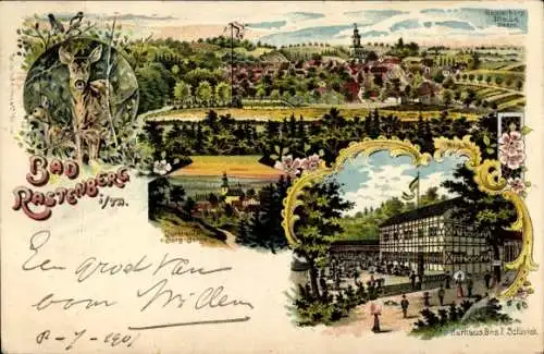 Litho Rastenberg in Thüringen, Gesamtansicht, Rehe, Kurhaus, Bes. Schmidt