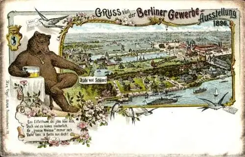 Wappen Litho Berlin, Gewerbeausstellung 1896, Bär, Stadtansicht