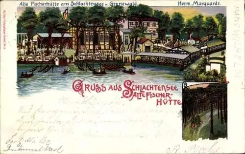 Litho Berlin Zehlendorf, Alte Fischerhütte am Schlachtensee, Bes. Herm. Marquardt