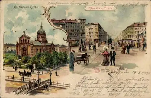 Litho Berlin Kreuzberg, Moritzplatz, St. Michaelis Kirche, Passanten