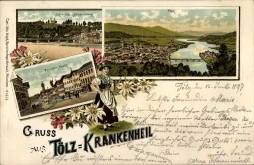 Litho Bad Tölz in Oberbayern, Krankenheil, Gesamtansicht, Kalvarienberg, Markt