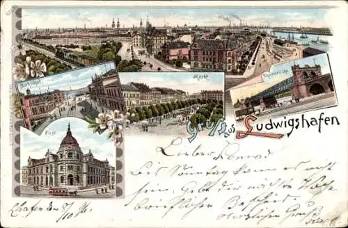 Litho Ludwigshafen am Rhein, Markt, Bahnhof, Post, Rheinbrücke, Totalansicht