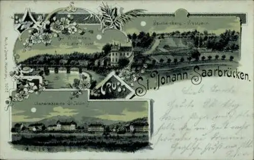 Mondschein Litho St. Johann Saarbrücken im Saarland, Winterberg, Spichernberg, Ulanenkaserne