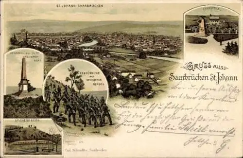 Litho St. Johann Saarbrücken im Saarland, Ehrental, Erstürmung vom Spichernberg, 1870