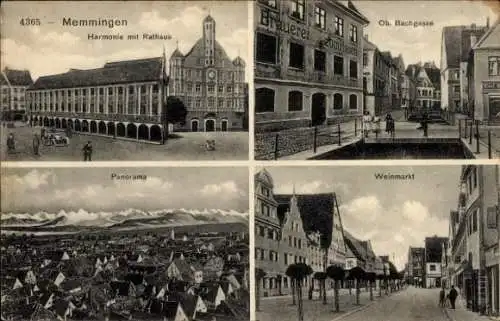 Ak Memmingen an der Iller Schwaben, Harmonie, Rathaus, Bachgasse, Weinmarkt, Panorama