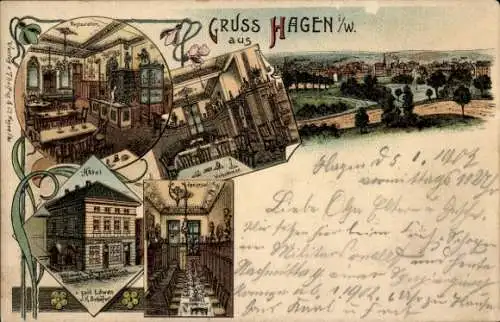 Litho Hagen in Westfalen, Gesamtansicht, Hotel zum goldenen Löwen