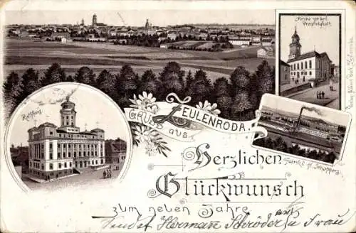 Litho Zeulenroda in Thüringen, Gesamtansicht, Rathaus, Kirche, Fabrik Schoppers