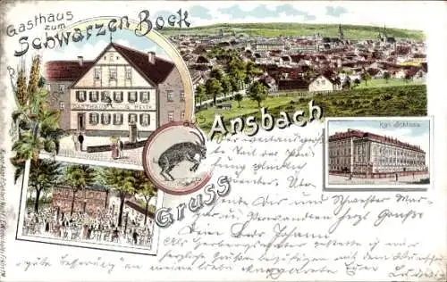 Litho Ansbach in Mittelfranken Bayern, Gasthaus zum Schwarzen Bock, Schloss, Totalansicht