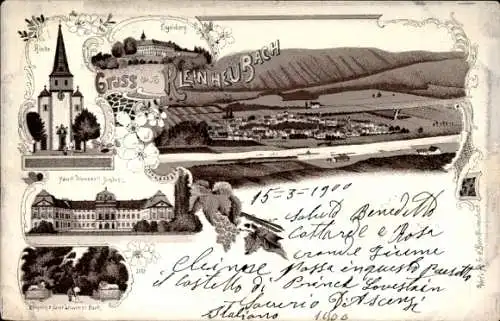 Litho Kleinheubach am Main Unterfranken, Kirche, Schloss, Park, Panorama