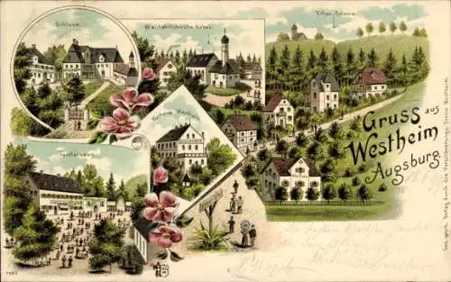 Litho Westheim bei Augsburg Neusäß in Schwaben, Schloss, Wallfahrtskirche Kobel, Kurhaus, Villa