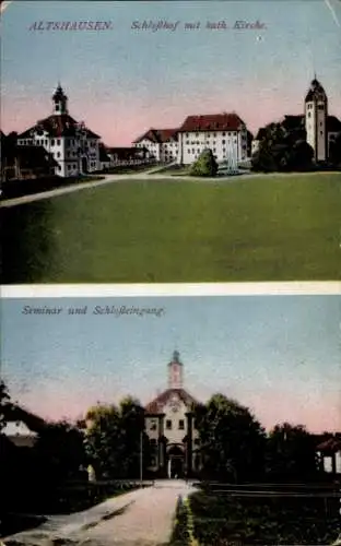 Ak Altshausen in Oberschwaben Württemberg, Schlosshof, katholische Kirche, Seminar