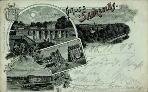 Mondschein Litho Saarlouis Saarland, Saarbrücke, Französische Straße, Hotel Kaiserhof Neustadt