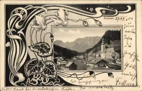 Passepartout Ak Ramsau im Berchtesgadener Land Oberbayern, Teilansicht, Kirche