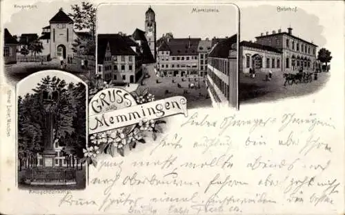 Litho Memmingen in Schwaben, Krugstor, Marktplatz, Bahnhof, Kriegerdenkmal