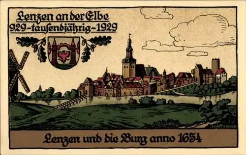 Steindruck Ak Lenzen an der Elbe im Kreis Prignitz, Ort mit Burg anno 1654