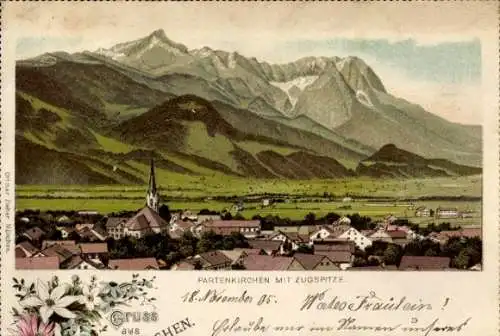 Litho Garmisch Partenkirchen in Oberbayern, Gesamtansicht, Zugspitze