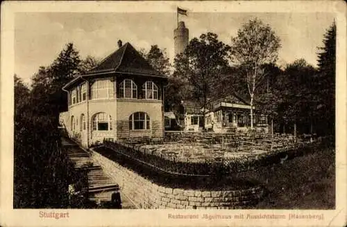 Ak Stuttgart in Baden Württemberg, Restaurant Jägerhaus mit Aussichtsturm, Hasenberg