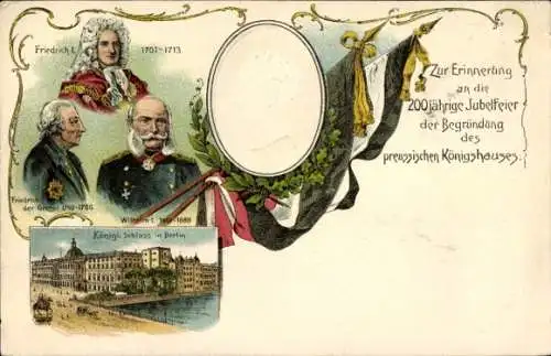 Präge Litho 200jh Bestehen des Königreich Preußen, Wilhelm II.,Friedrich I.,Friedrich II.,Wilhelm I.