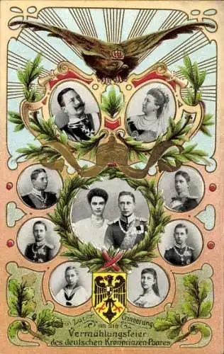 Wappen Ak Hochzeit Kronprinz Wilhelm von Preußen, Cecilie, Wilhelm II, Kaiserin Auguste Viktoria