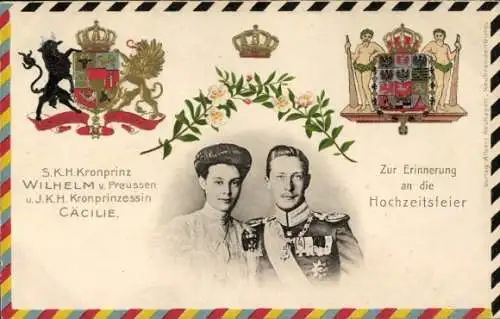 Präge Wappen Ak Kronprinz Wilhelm von Preußen, Kronprinzessin Cecilie, Hochzeitsfeier