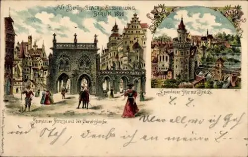 Litho Berlin, Gewerbeausstellung 1896, Spandauer Straße, Gerichtslaube, Spandauer Tor, Brücke